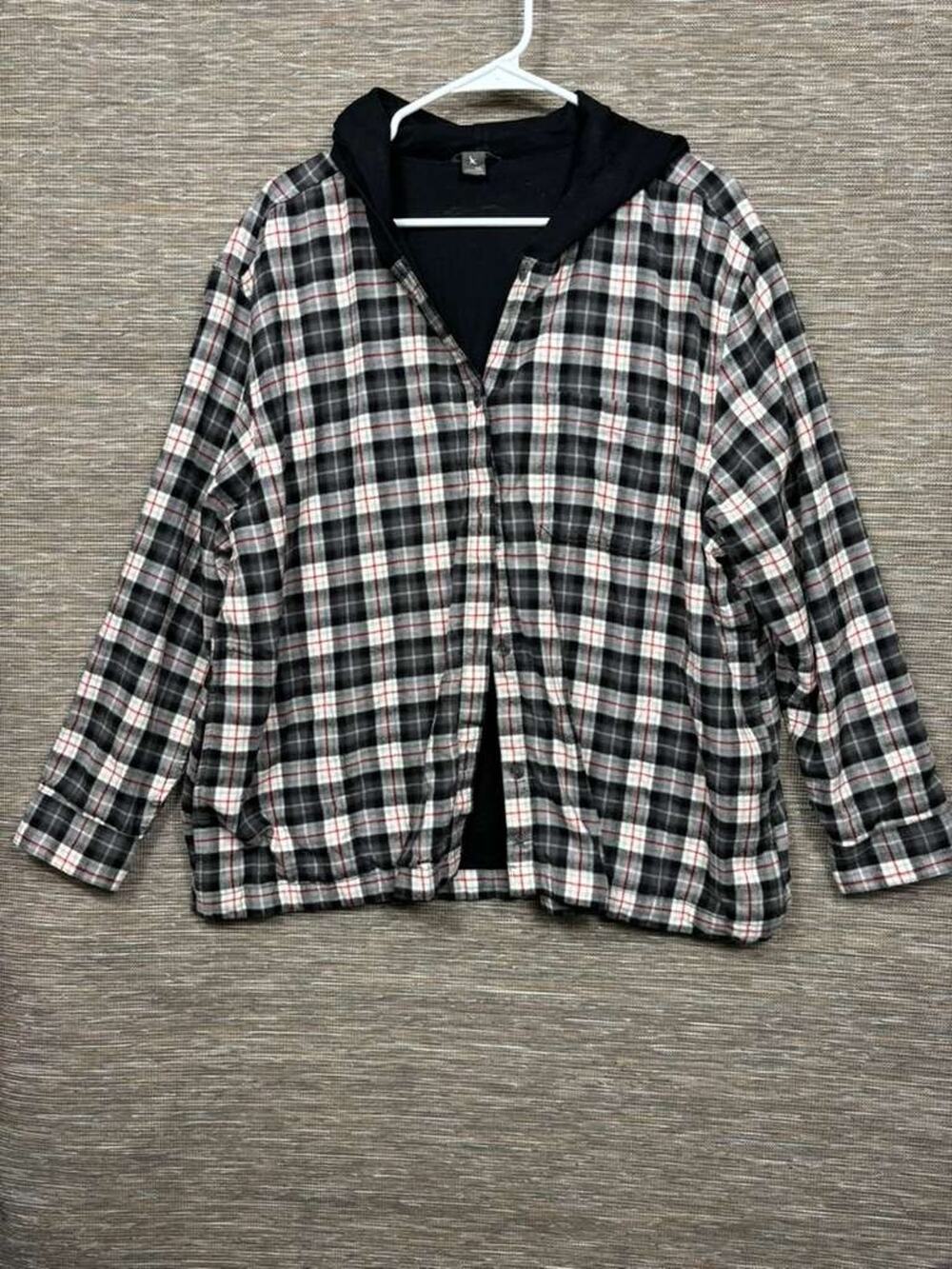 Eddie Bauer Jacket Womens 2XL Black Plaid Flannel Button Hooded Shacket